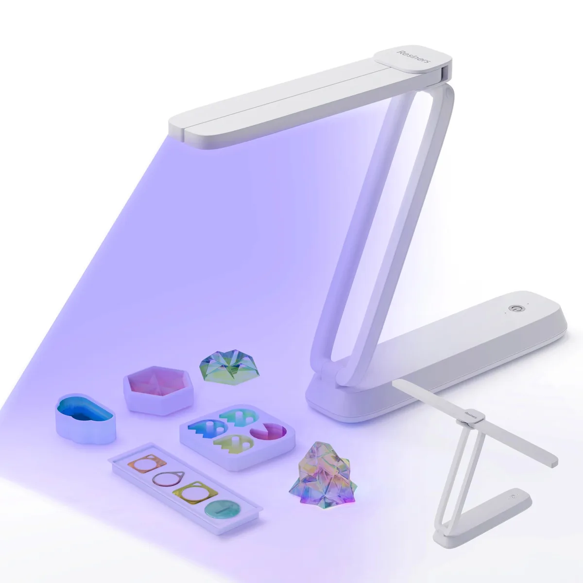 White rectangular UV lamp with foldable stand and 22 LED beads, 8.66 by 3.34 by 1.96 inches