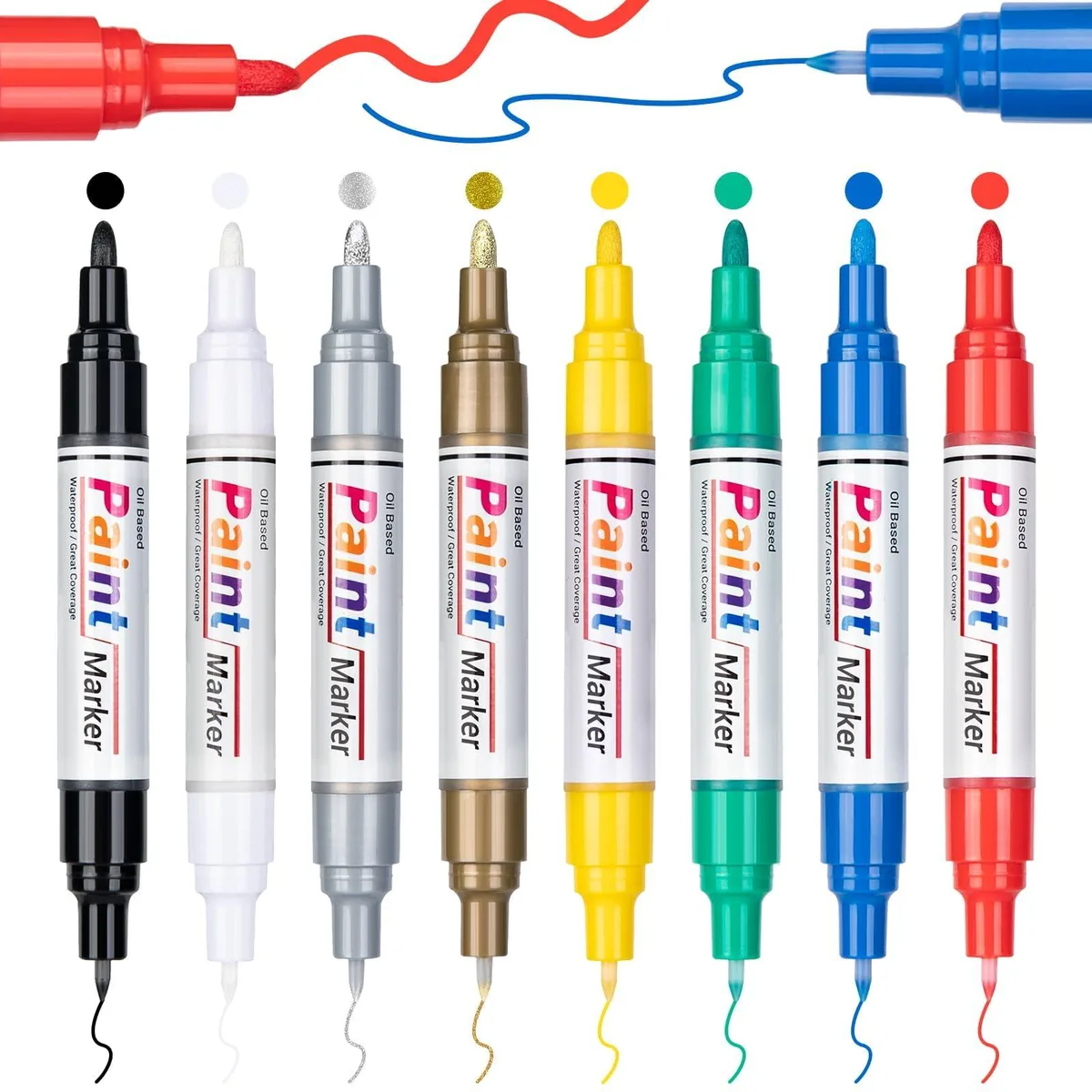 Set of eight dual-tip oil-based paint markers in multicolor barrels