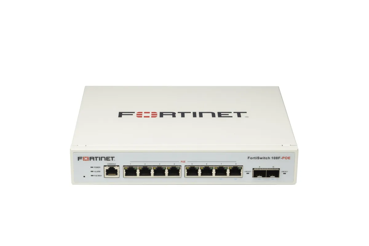 Fortinet Fortinet FS-108F-POE network switch 8×RJ45 2×SFP PoE+ 65 W — product photo