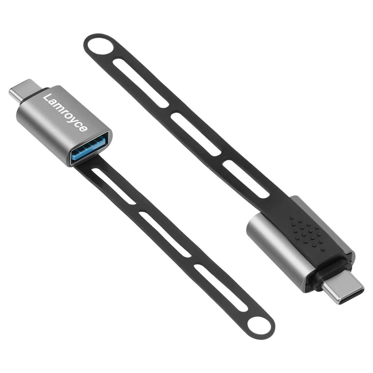 Two small silver USB-C male to USB-A female adapters with short lanyard keychains