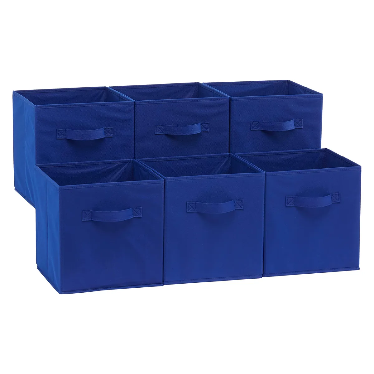 Six folded navy fabric storage cubes with handles