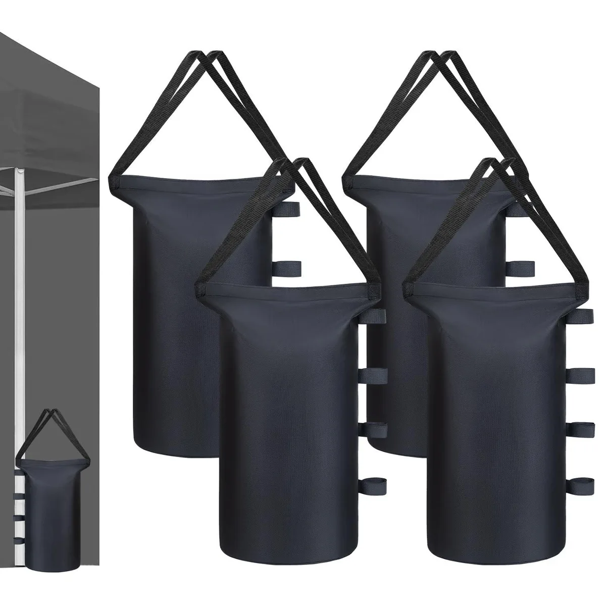 Four white fabric sandbags with Velcro straps and double handles, empty, rectangular shape