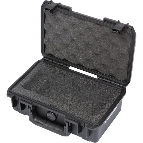 Black rectangular hard-shell case with trigger latches, rubber handle, and custom foam interior for ATEM Mini switcher