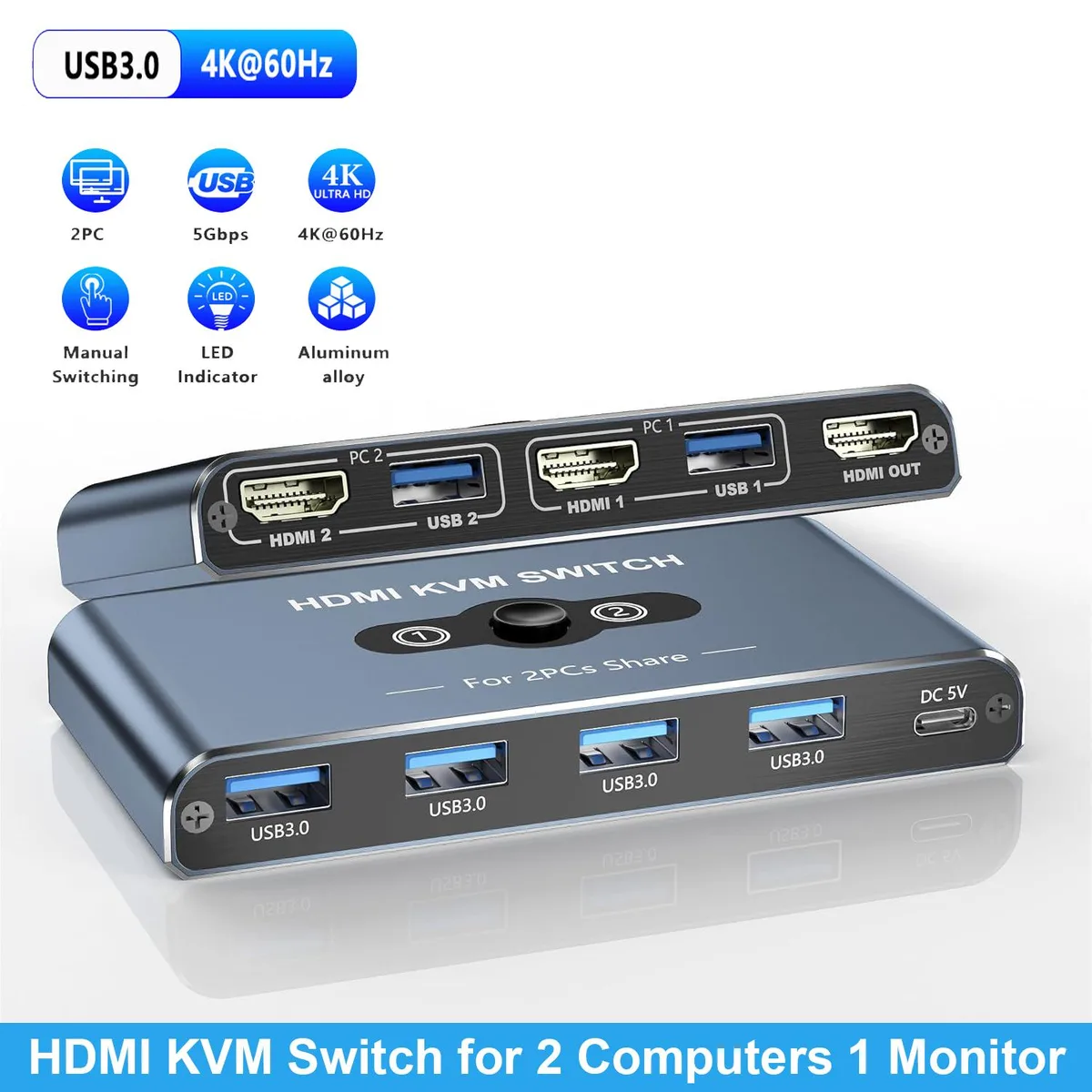 IHDAPP IHDAPP HDMI KVM Switch 2 Port 1 Monitor 4K@60Hz 4 USB 3.0 — product photo