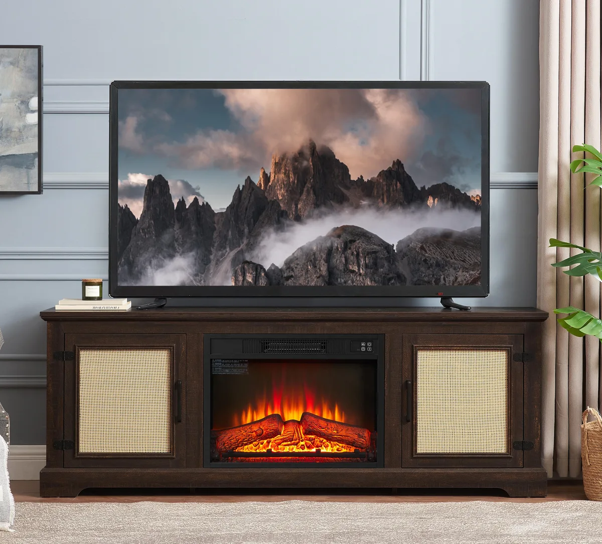 Espresso TV stand with natural rattan doors and 23 inch fireplace insert
