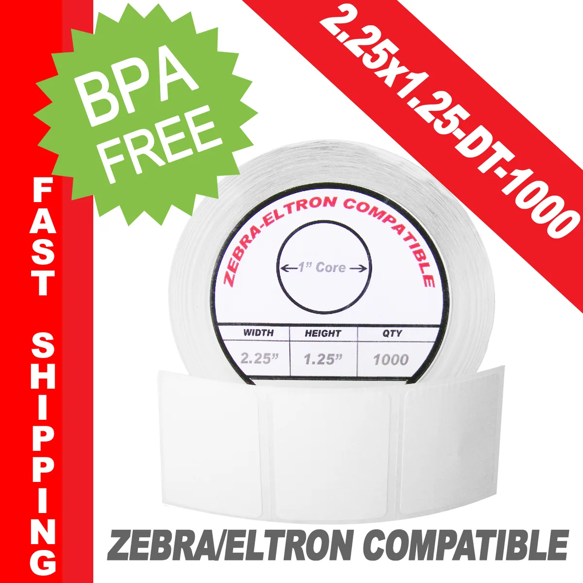 White direct thermal label roll 2.25 x 1.25 inches 1000 labels