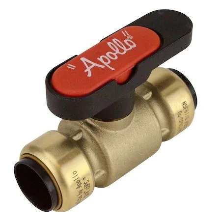 Compact brass ball valve with lockable handle, push-to-connect ends, quarter-turn lever