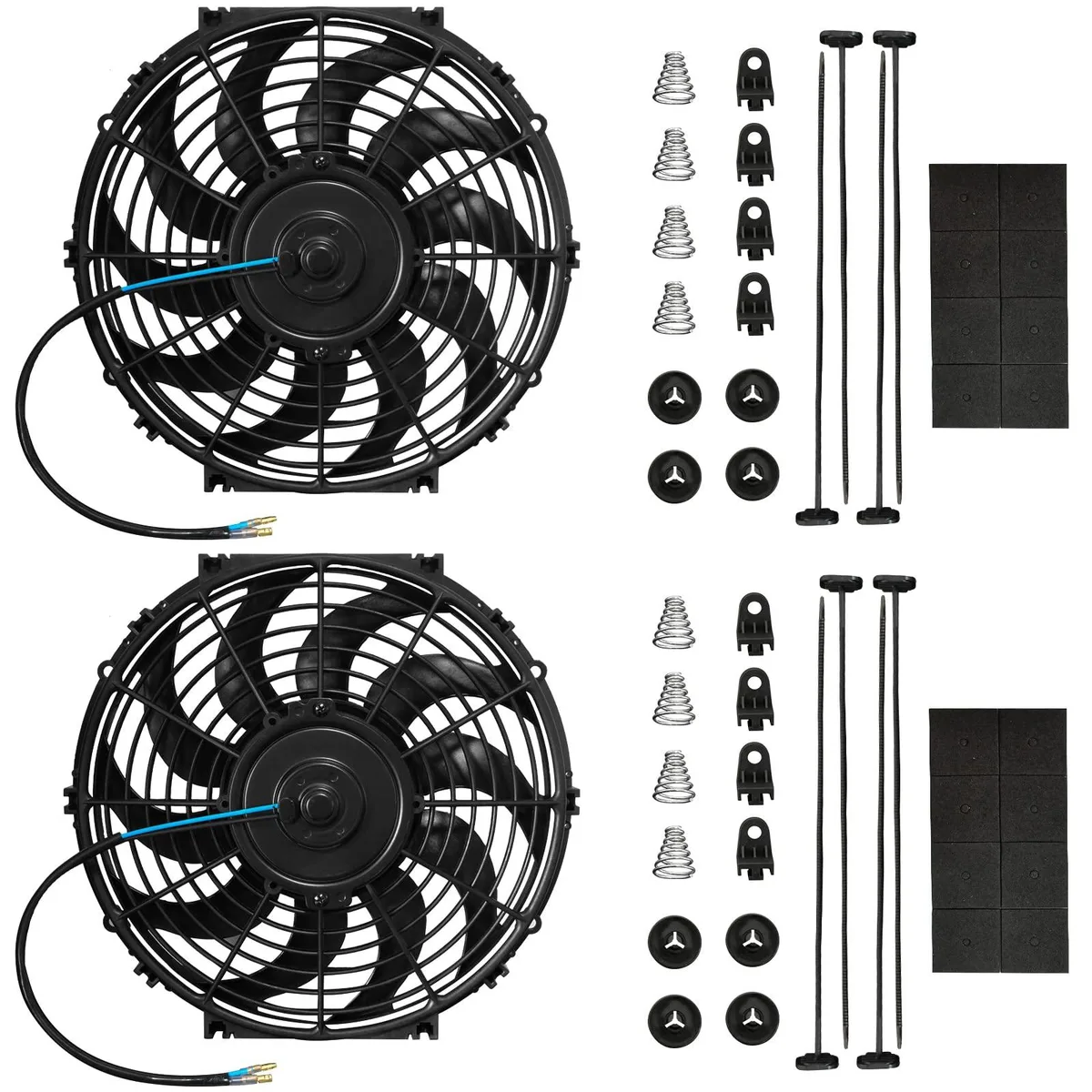 Black 12 inch curved electric cooling fan with ten blades and mount kit shown in push pull configuration