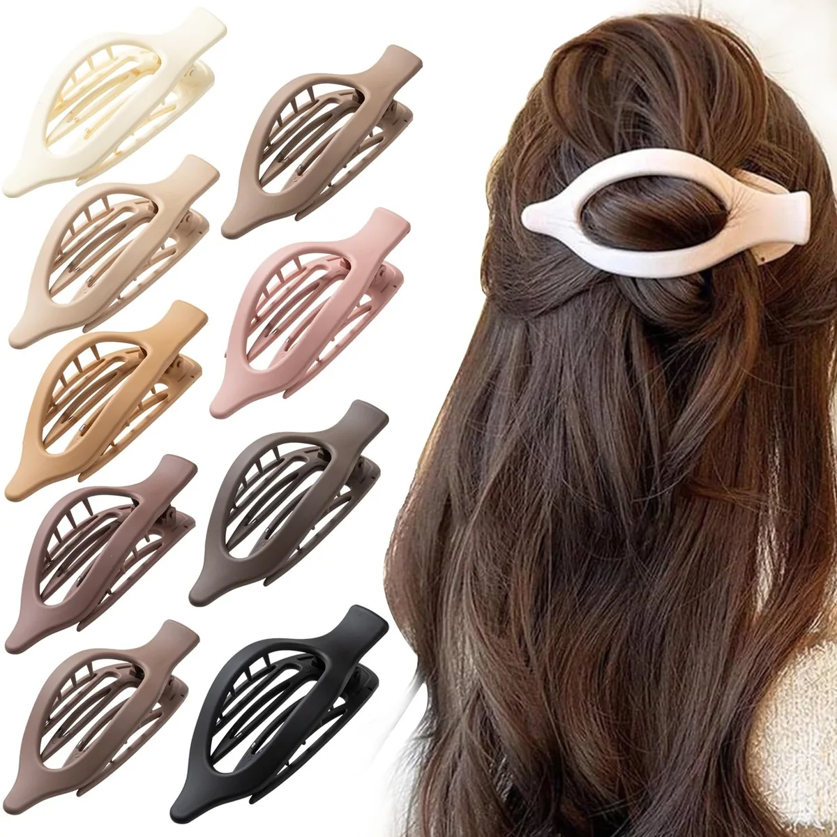 Nine flat hair claw clips in assorted matte colours, each about 4.7 inches long with interlocking teeth and metal springs