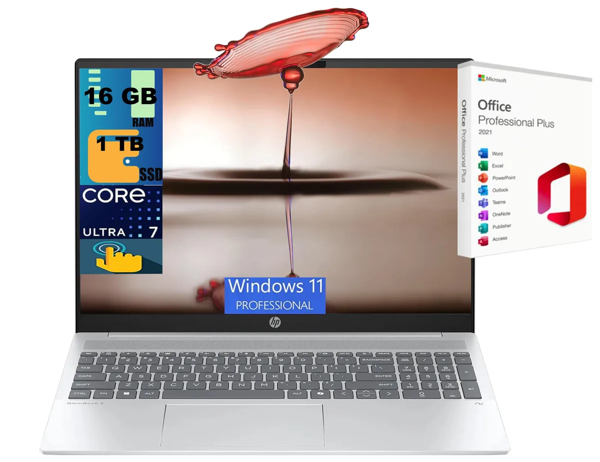 HP HP OmniBook 5 16 laptop, Ultra 7 255U, 16GB DDR4, 1TB PCIe SSD, 16" WUXGA touchscreen — product photo