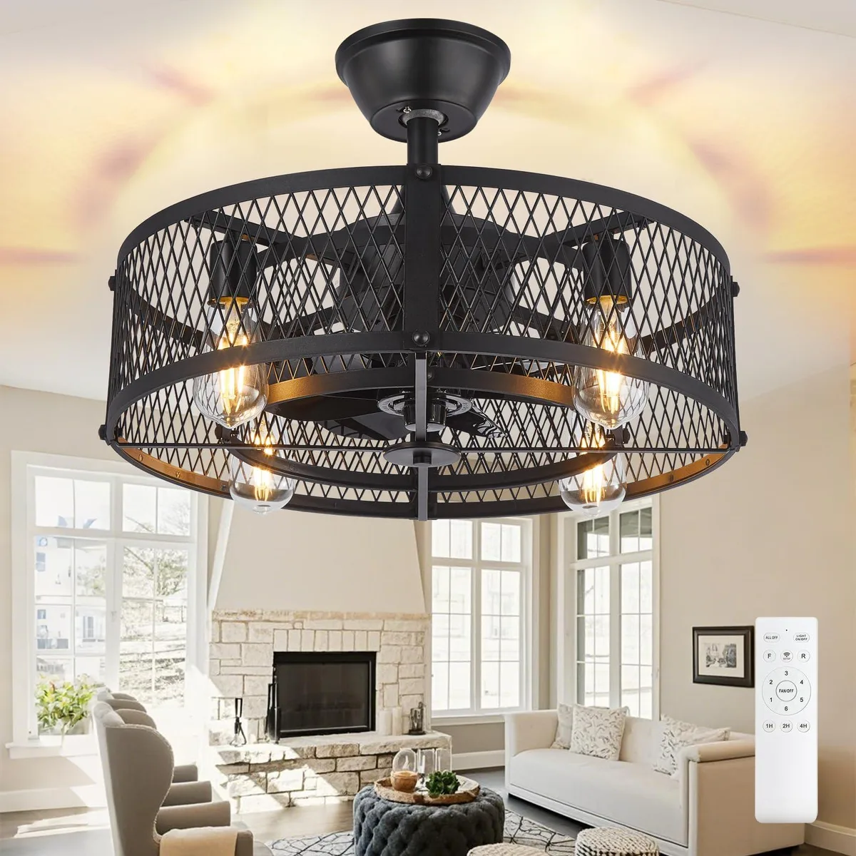 Black caged ceiling fan with integrated light kit, 20 inch double-layer plastic cage, matte finish, remote included