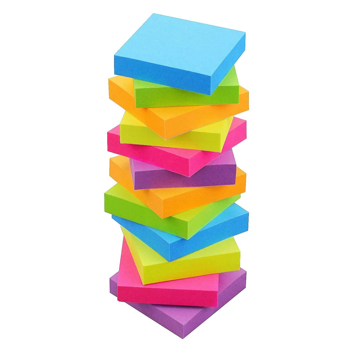 Twelve square sticky-note pads in six bright colours, 2 by 2 inches each