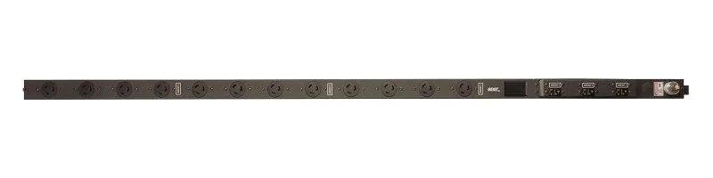 Vertical metal power strip, 66 inches long, with twelve twist-lock outlets and a heavy cord
