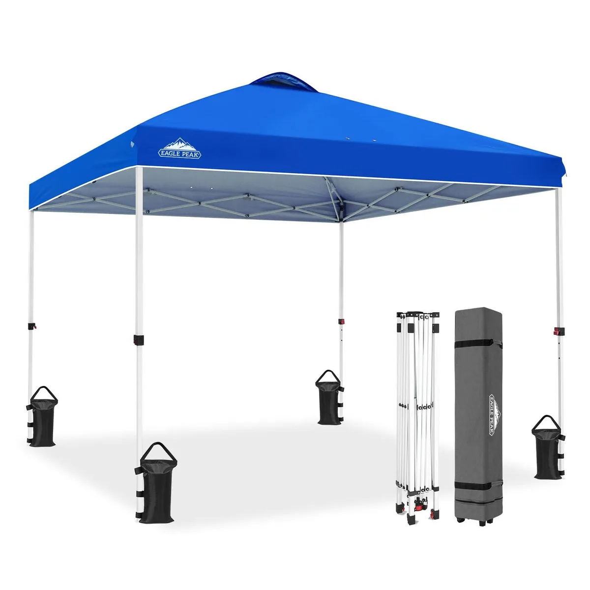 Blue pop-up canopy tent with silver-coated top, alloy steel frame and wheeled carry bag