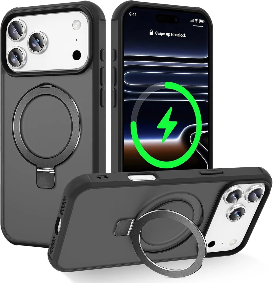 ViewSonic black magnetic case for iPhone 17 Pro Max with metal ring stand