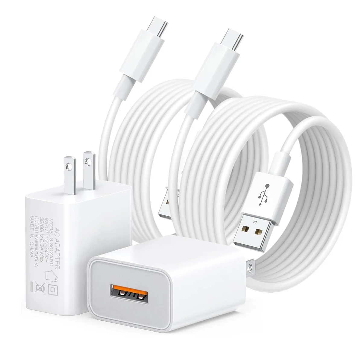 Two white USB-C wall chargers with 10ft cables