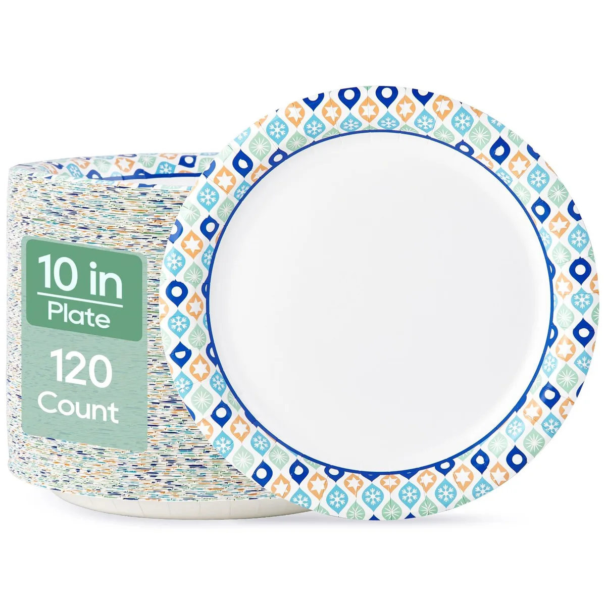 Stack of 120 round 10 inch paper plates in green camouflage print
