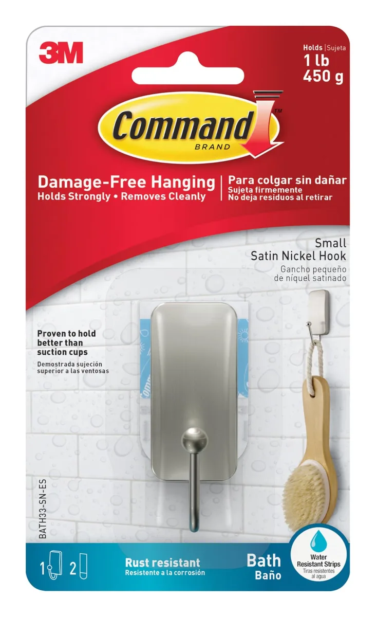 Satin nickel bath hook with two adhesive strips