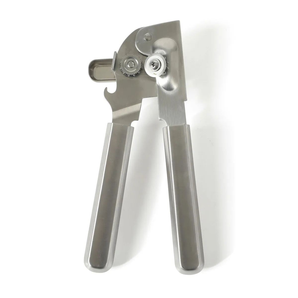 Stainless steel manual can and bottle opener with large turning knob and ergonomic handles
