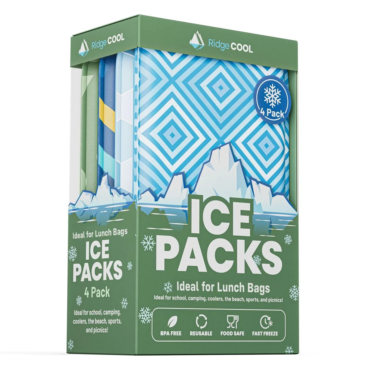 Four slim blue gel ice packs with sports graphics