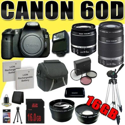 Canon Canon EOS 60D 18 MP DSLR kit w/ 18-55mm, 55-250mm, 16GB, DavisMAX bundle — product photo