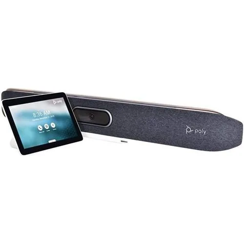 Sleek dark video bar with front camera lens and microphone grille
