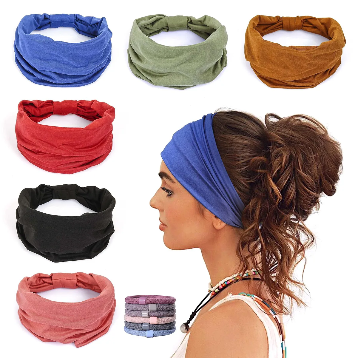 Six-pack of wide elastic headbands in vibrant colours, soft knotted cotton cloth with hair ties