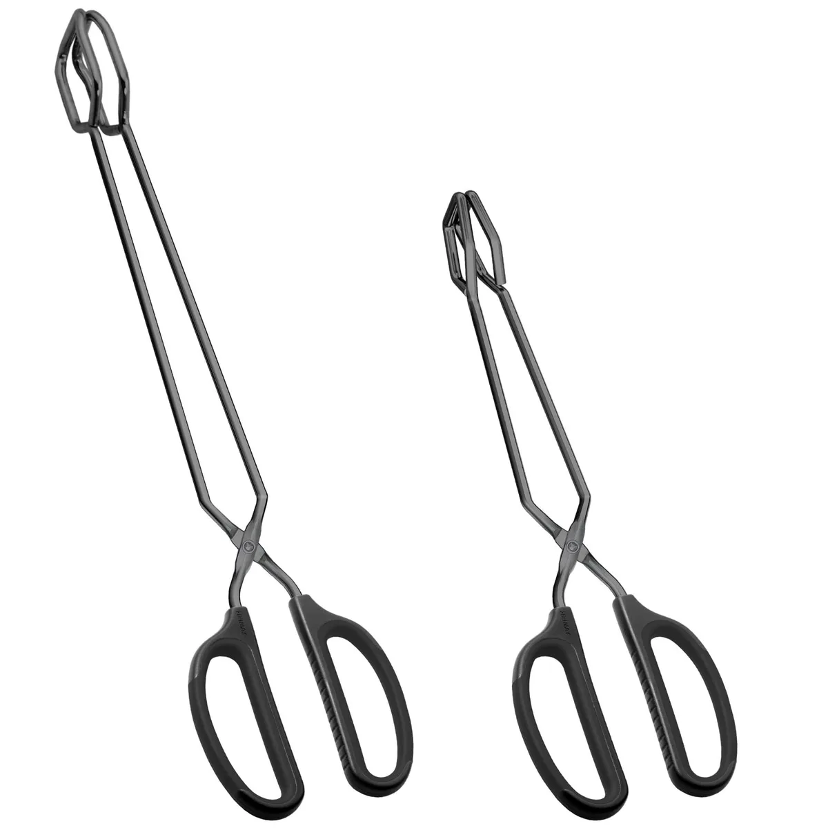 Two black scissor tongs, 12 and 16 inch, brushed stainless steel, silicone handles
