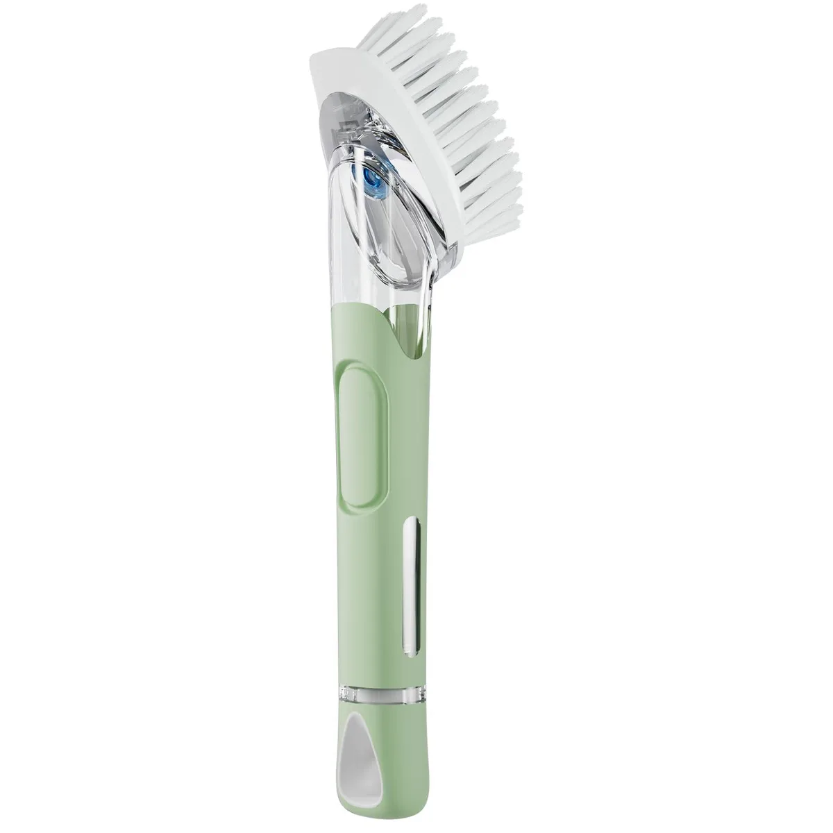 Green dish brush with soap dispenser, ergonomic handle, nylon bristles, built-in scraper, drip tray holder