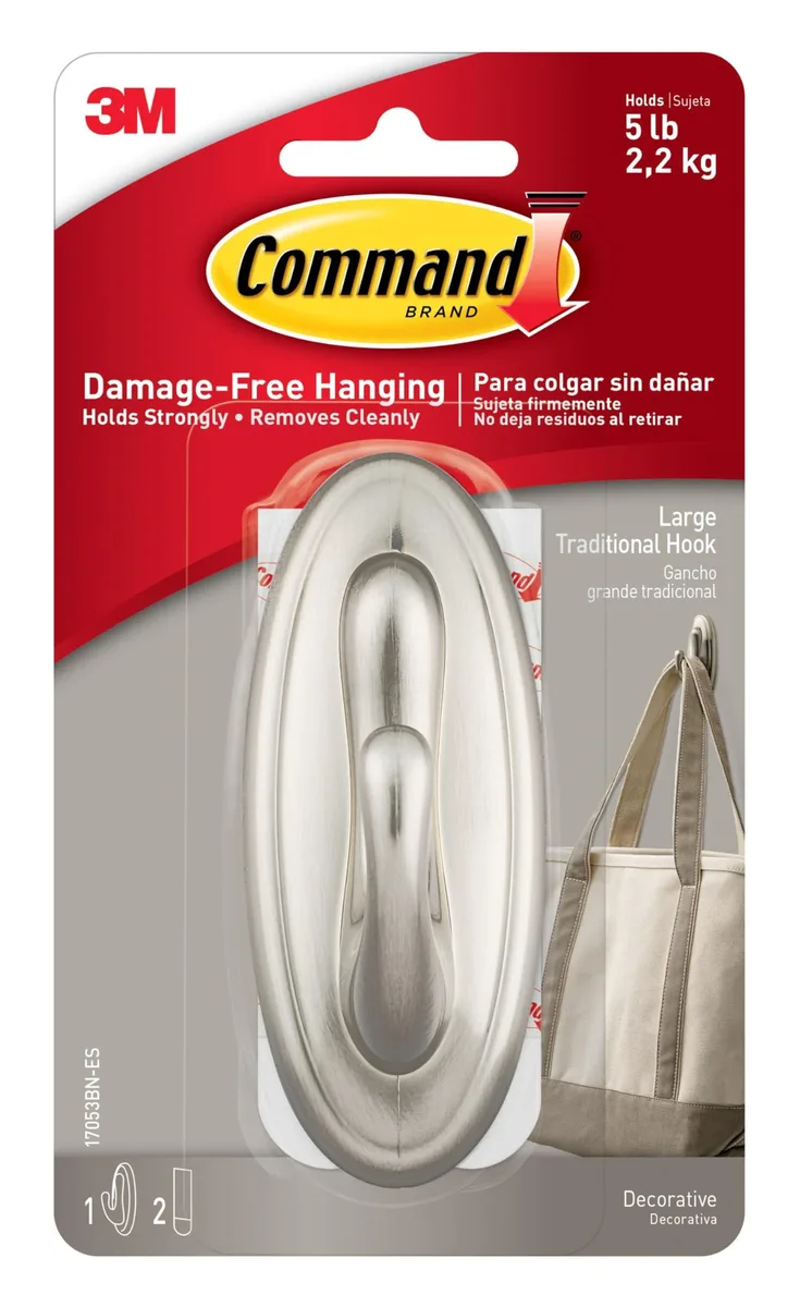 Command 5 lb Large Brushed Nickel Hook with 2 Strips — product photo