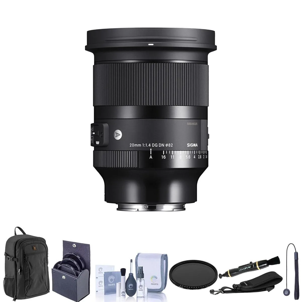 SIGMA SIGMA 20mm f/1.4 DG DN Art Lens for Sony E Bundle with Backpack, Camera Strap — product photo