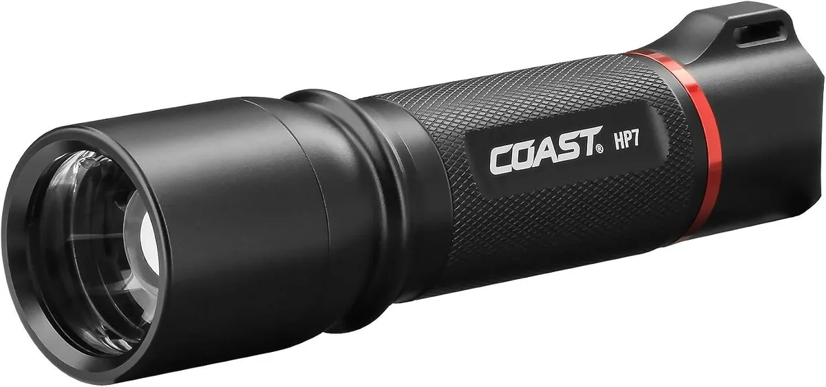 Black cylindrical flashlight with slide focus bezel and beam lock ring, textured grip, 5.6 inches long