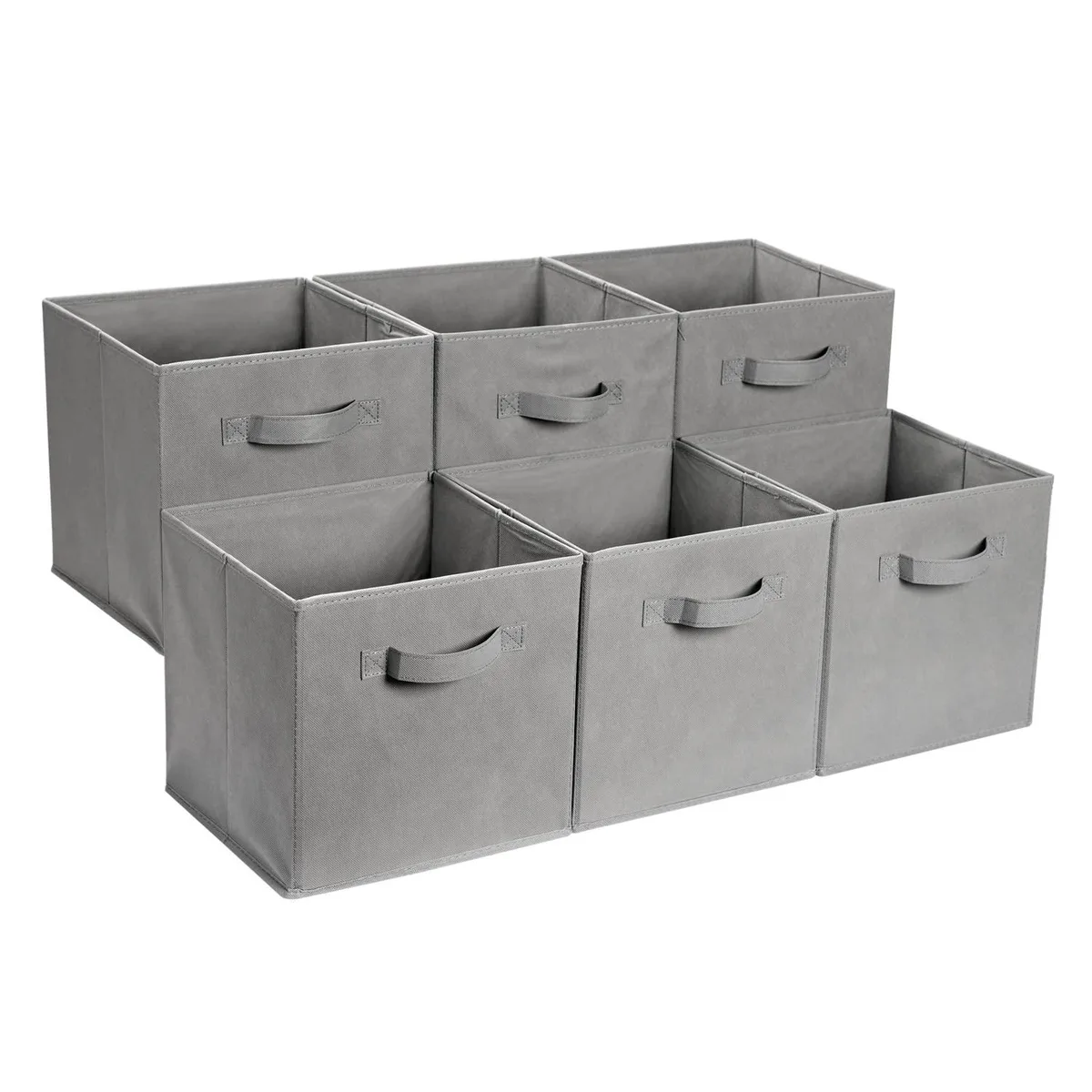 Six gray fabric storage cubes with handles, collapsible, 13 inch square