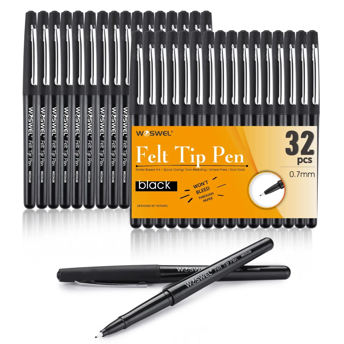 Box of 32 black felt-tip pens, medium 0.7mm tips