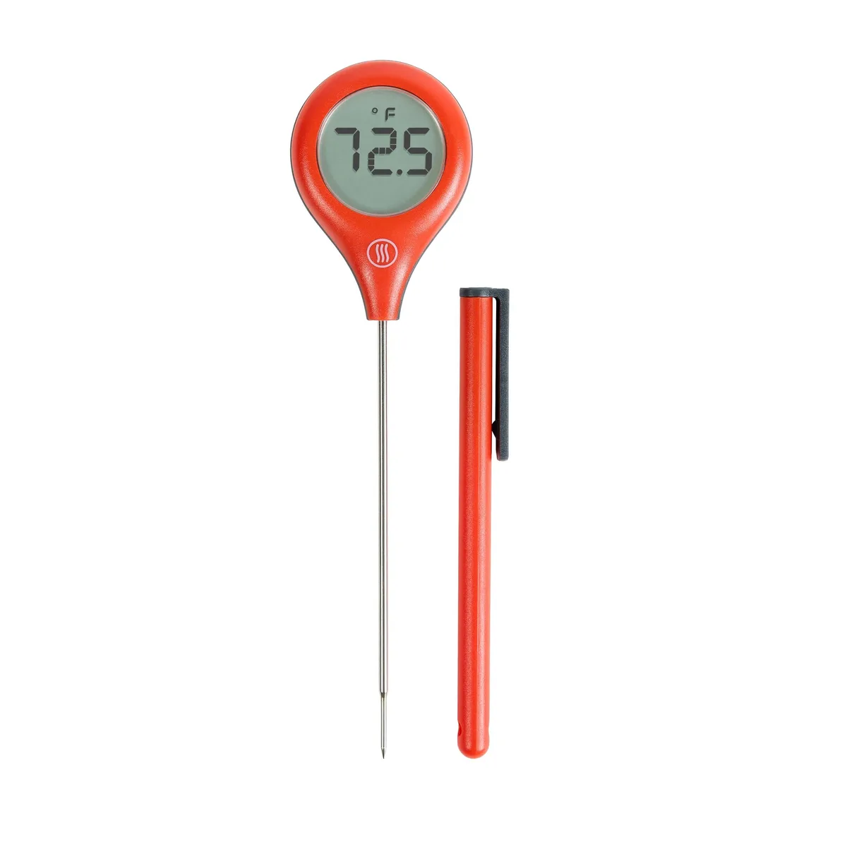 Red handheld instant-read thermometer with backlit rotating display