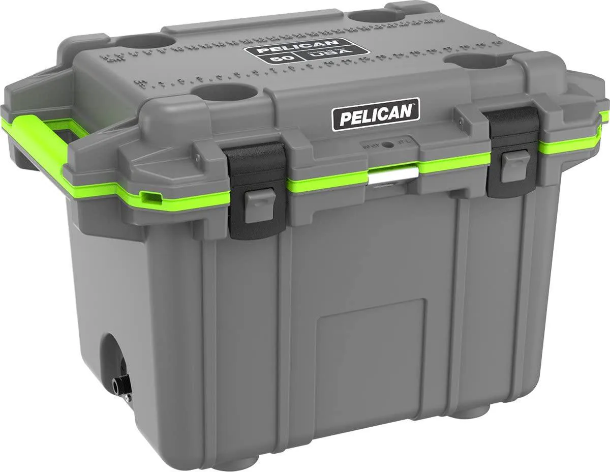 Large rectangular cooler with thick insulated walls, overmolded handle, locking latches and built-in cup holders