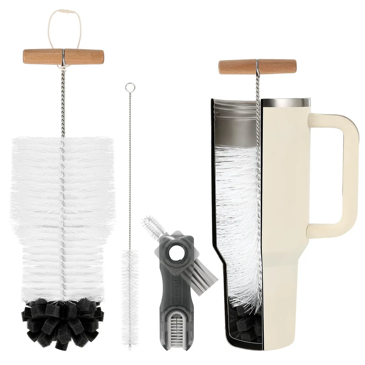 Three bottle cleaning brushes with wooden handles and nylon bristles