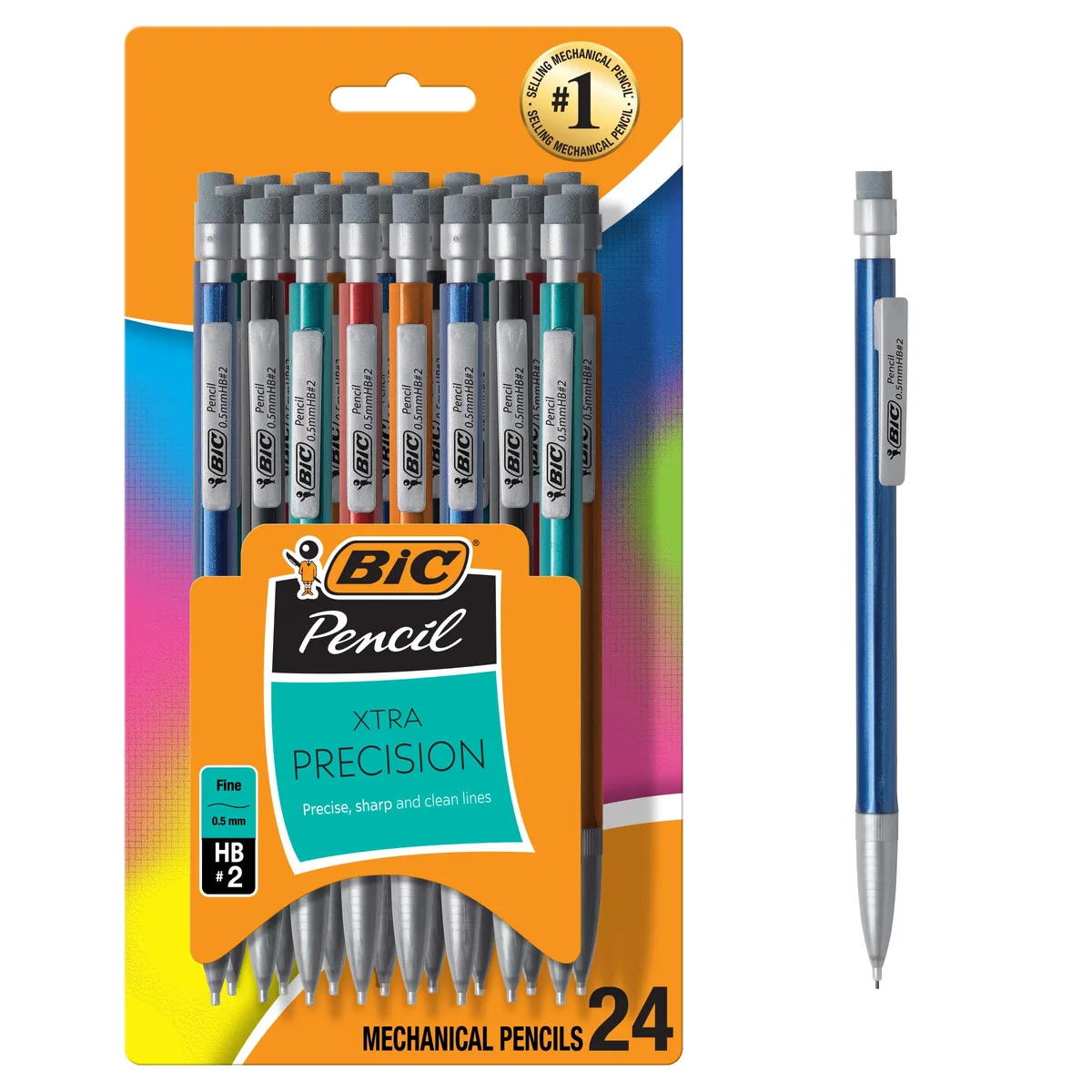 A clear plastic box holding 24 multicoloured mechanical pencils with click erasers