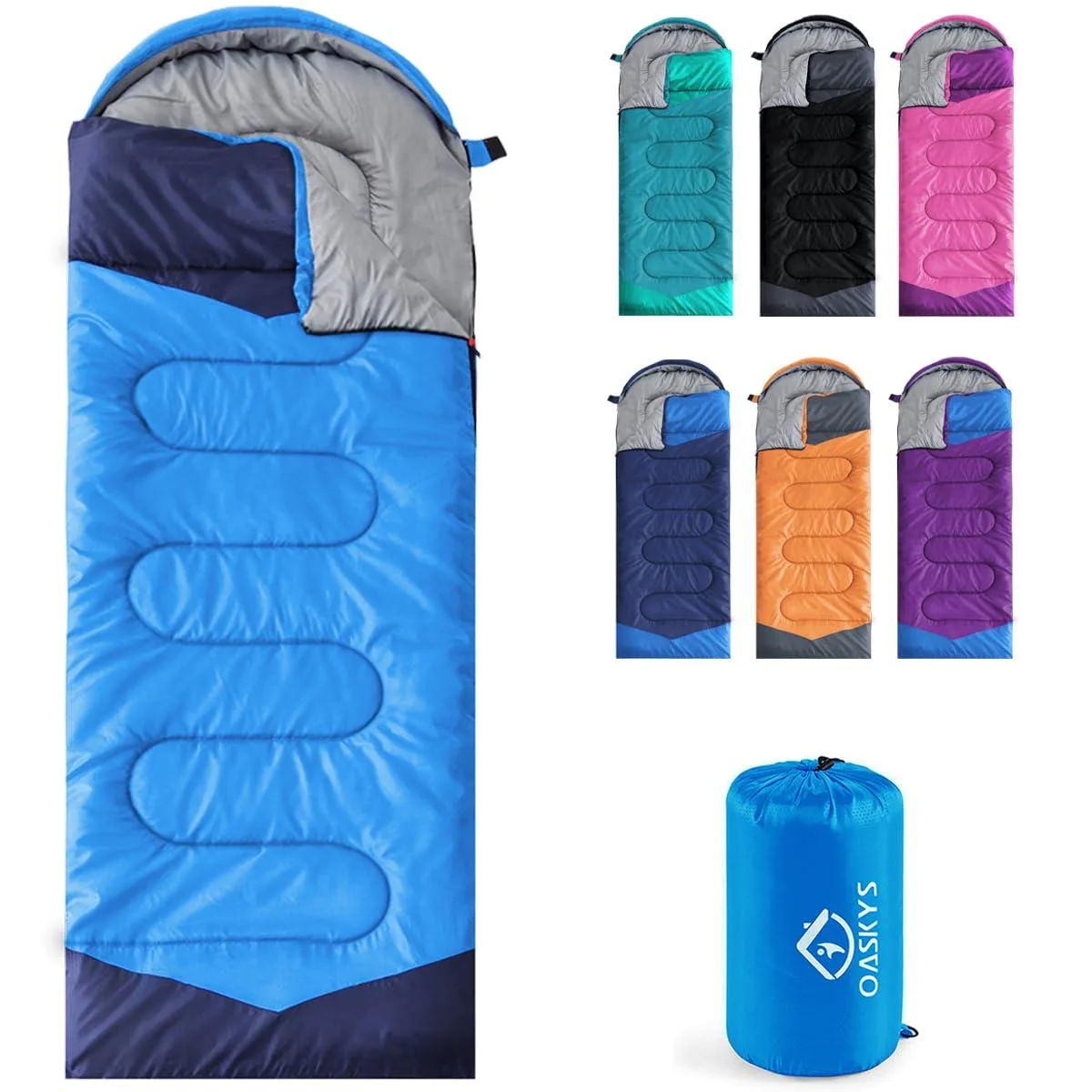 Pink rectangular sleeping bag with hood and zipper, shown with compression sack