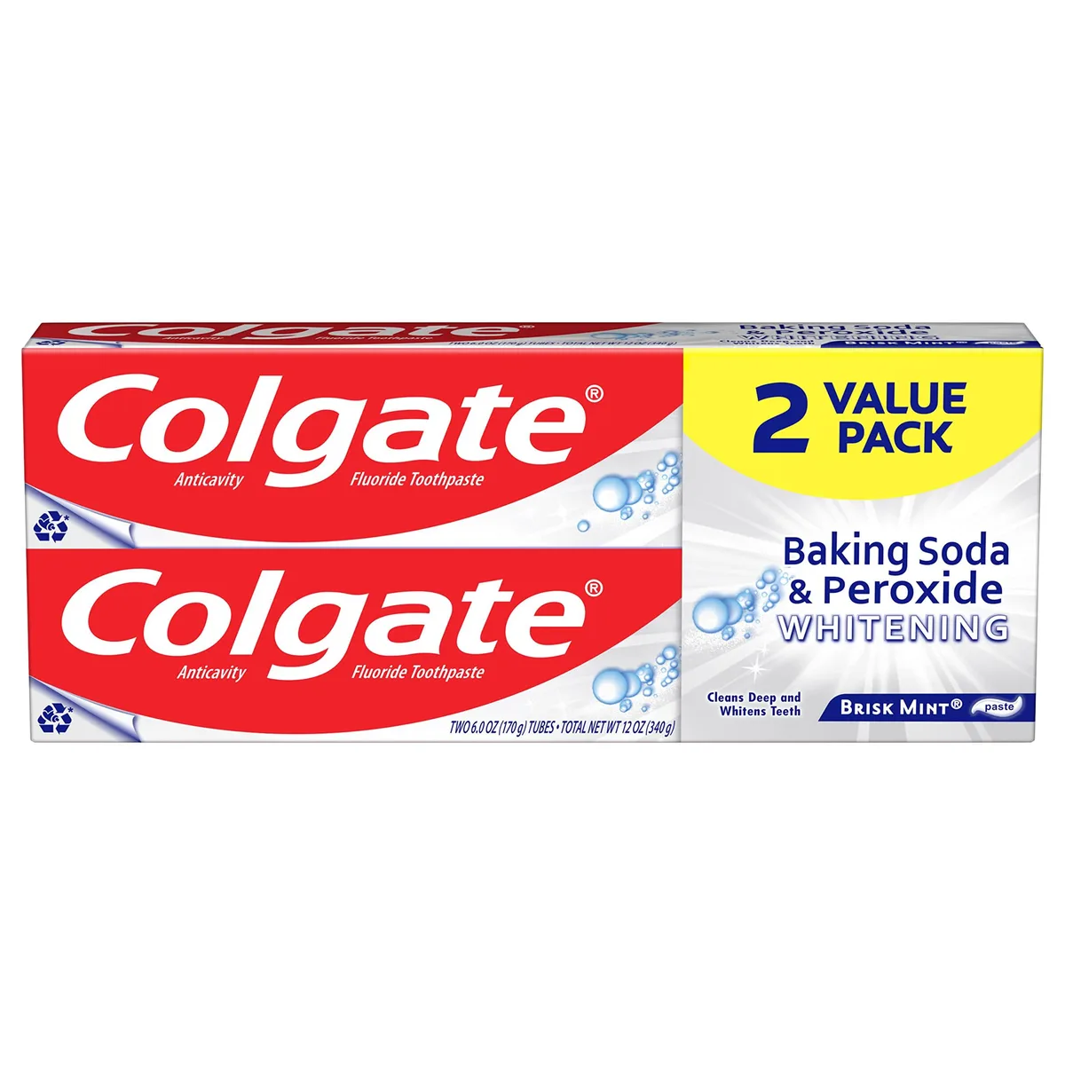 Two white 6 oz Colgate toothpaste tubes in Brisk Mint packaging