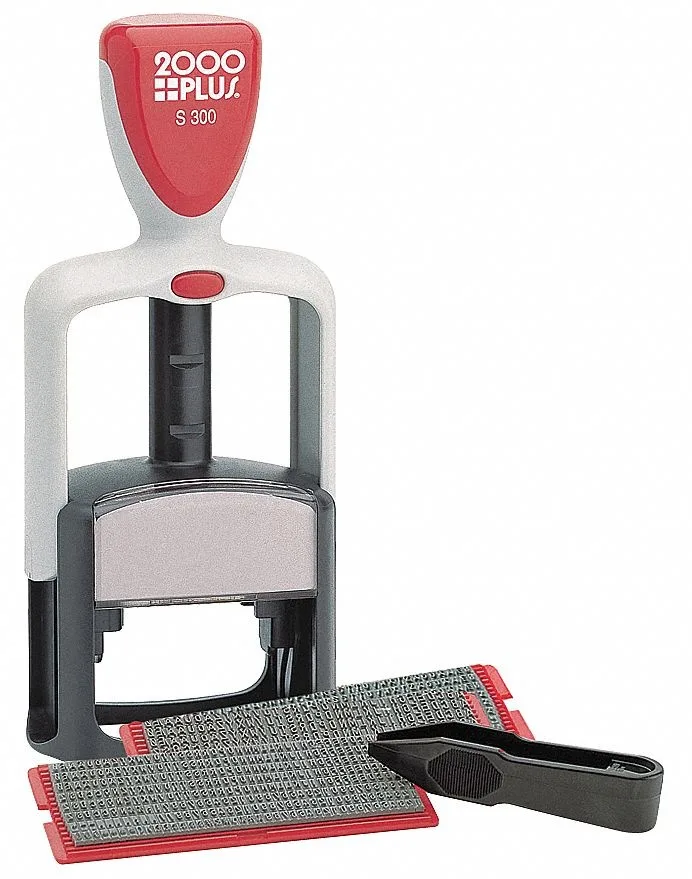 Rectangular black plastic custom stamp kit with text bands and ink pad