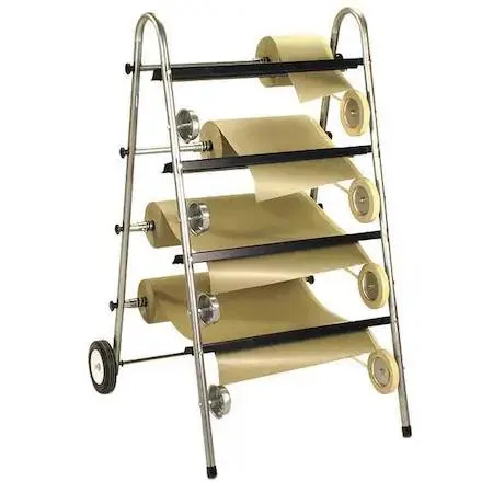 Silver steel masking dispenser on two wheels, holds four paper rolls up to eighteen inches wide, twenty inches overall