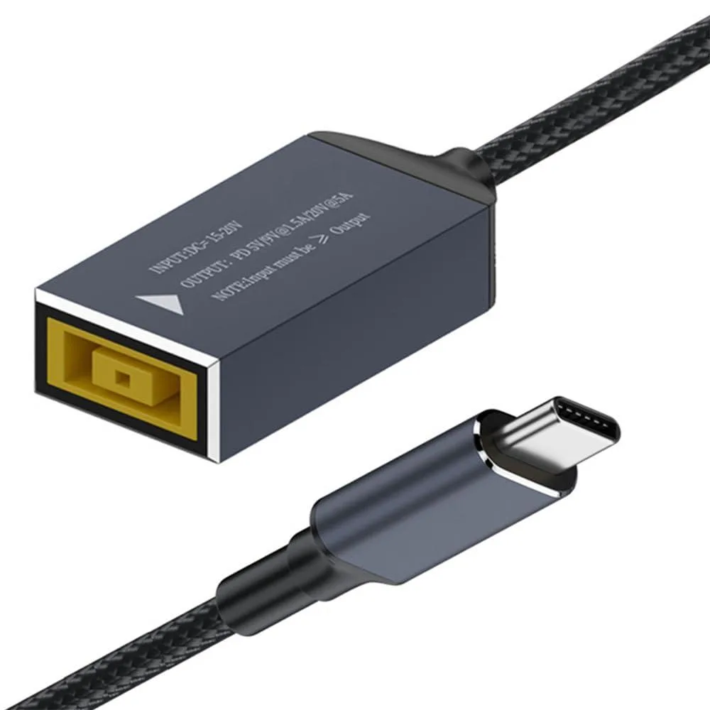 Short braided USB-C cable with rectangular ThinkPad connector, 18 cm long