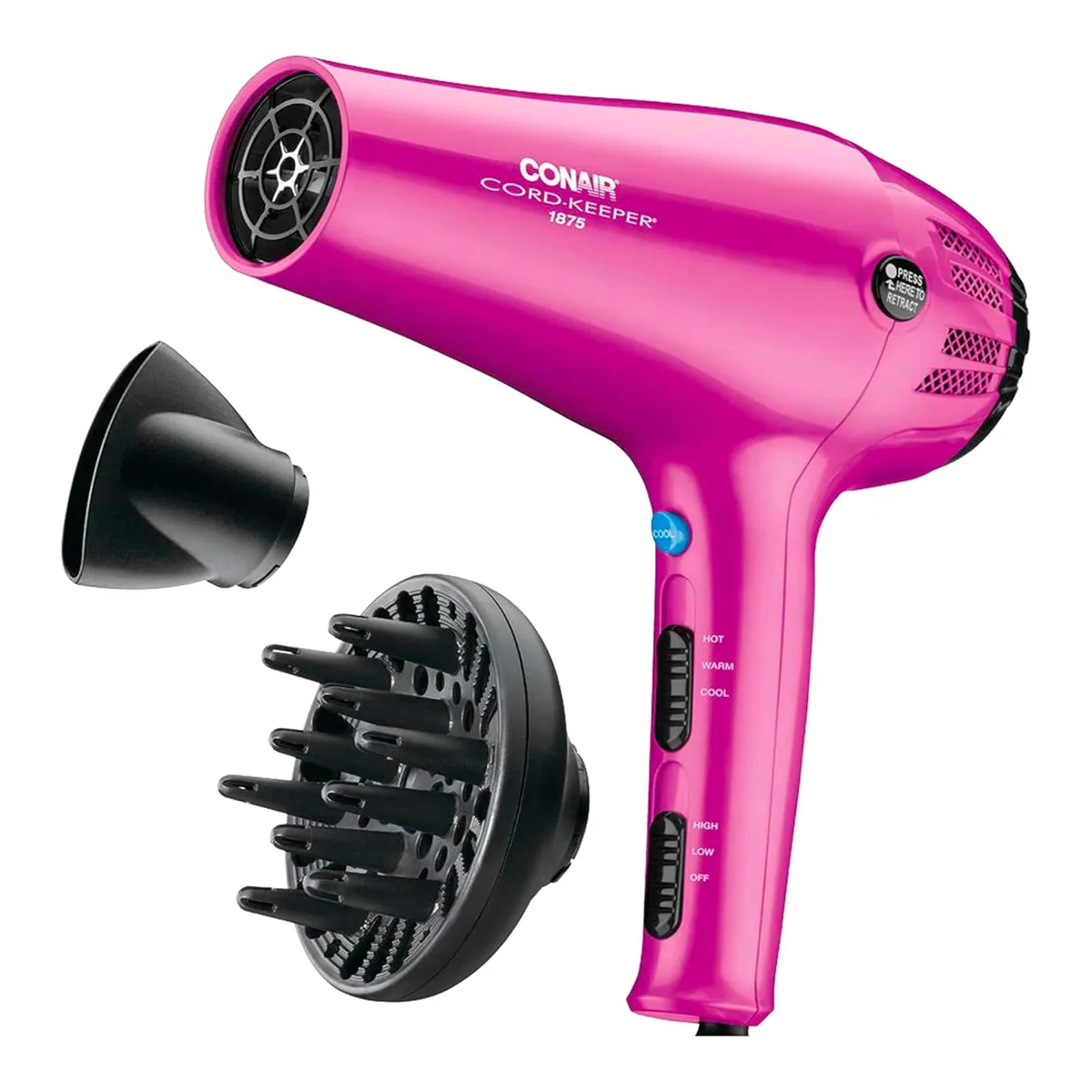 Pink handheld hair dryer with retractable cord and two nozzle attachments