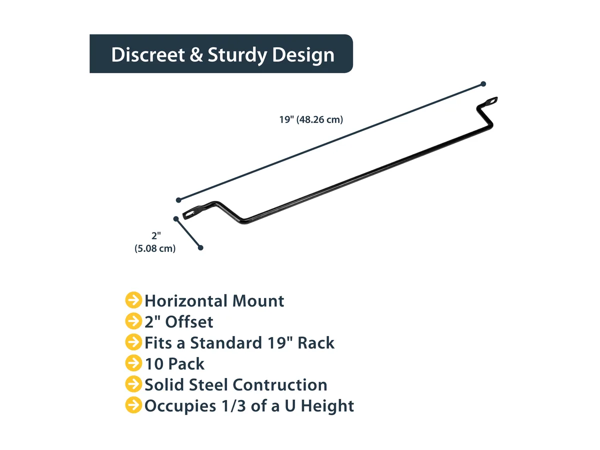 Ten black steel horizontal cable lacing bars with 75 degree 2 inch offset