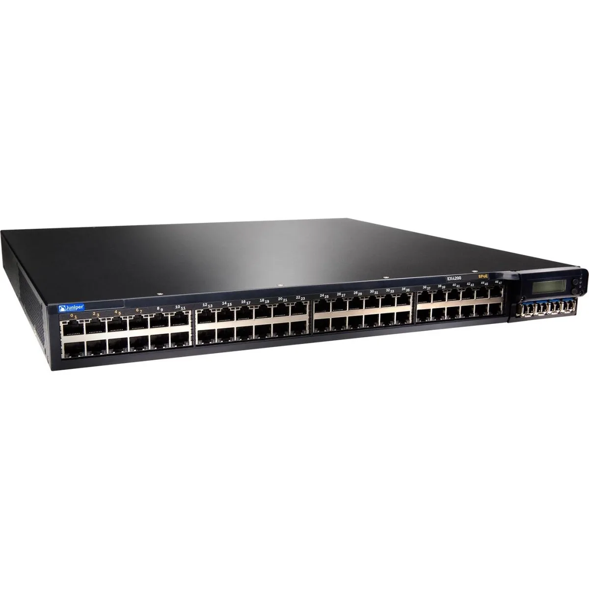 Silver rackmount network switch with 48 copper ports and expansion slot