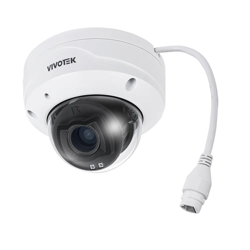 White outdoor fixed dome network camera, circular base with motorized varifocal lens, matte finish
