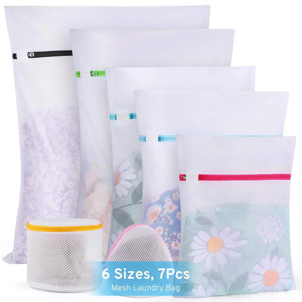 Seven white fine-mesh laundry bags with auto-lock zippers and colour-coded tabs