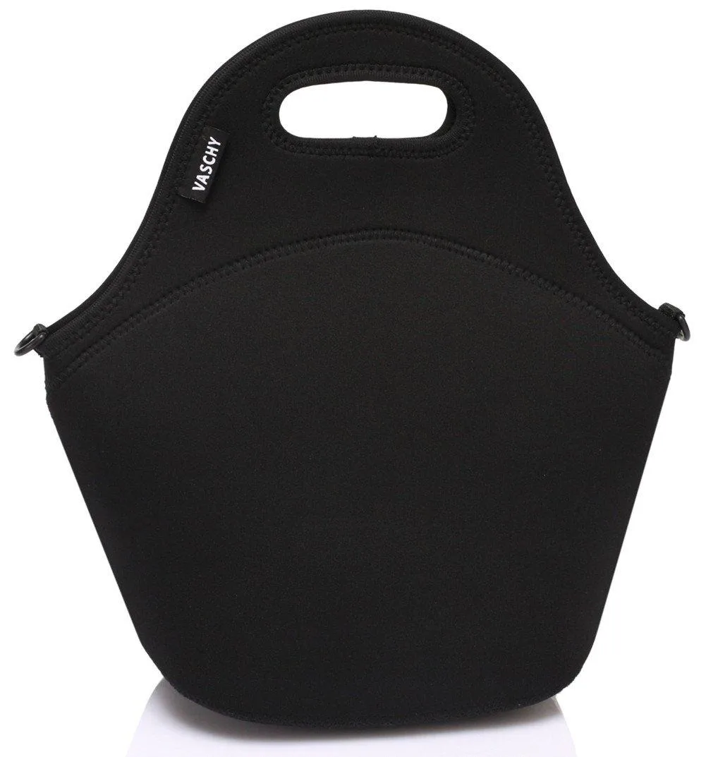 Black neoprene insulated lunch tote with detachable shoulder strap