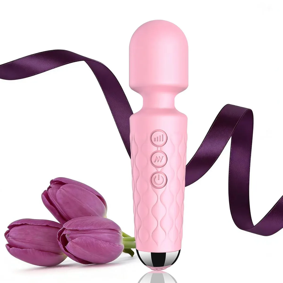 Light pink handheld wand massager with textured grip, 102g